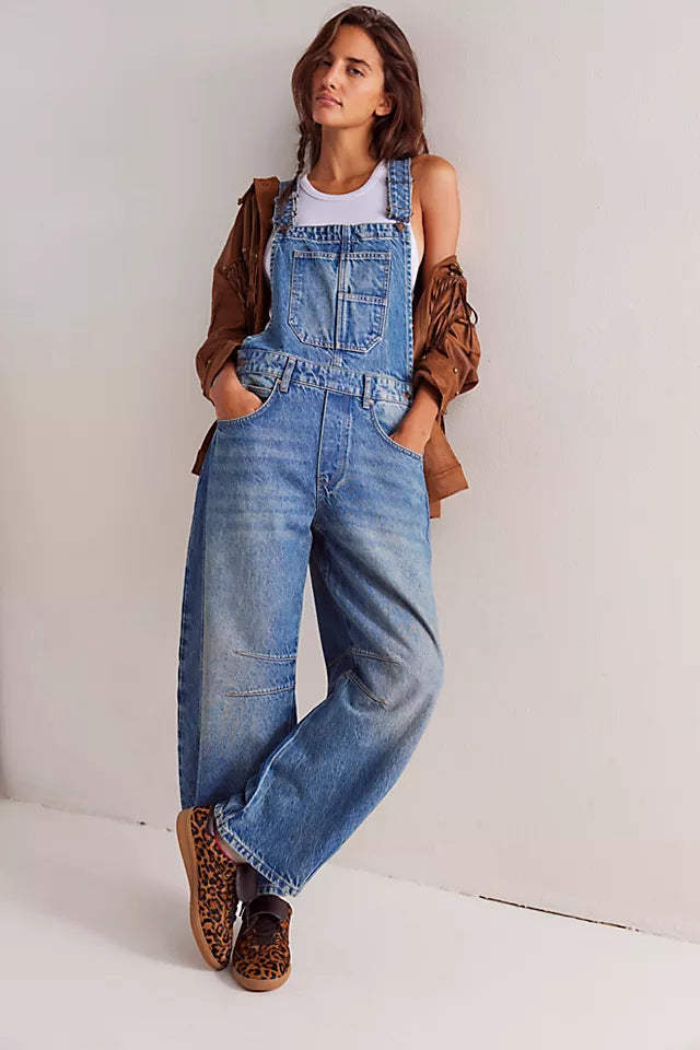 Washed Retro Loose Straight Denim Overalls