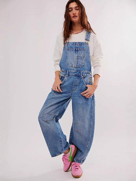 Washed Retro Loose Straight Denim Overalls
